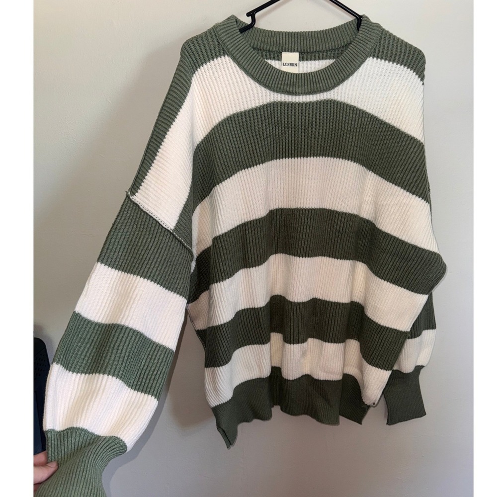 LCRRRN Sage Green White Striped Oversized Baggy Knit Sweater Crewneck Large NWT